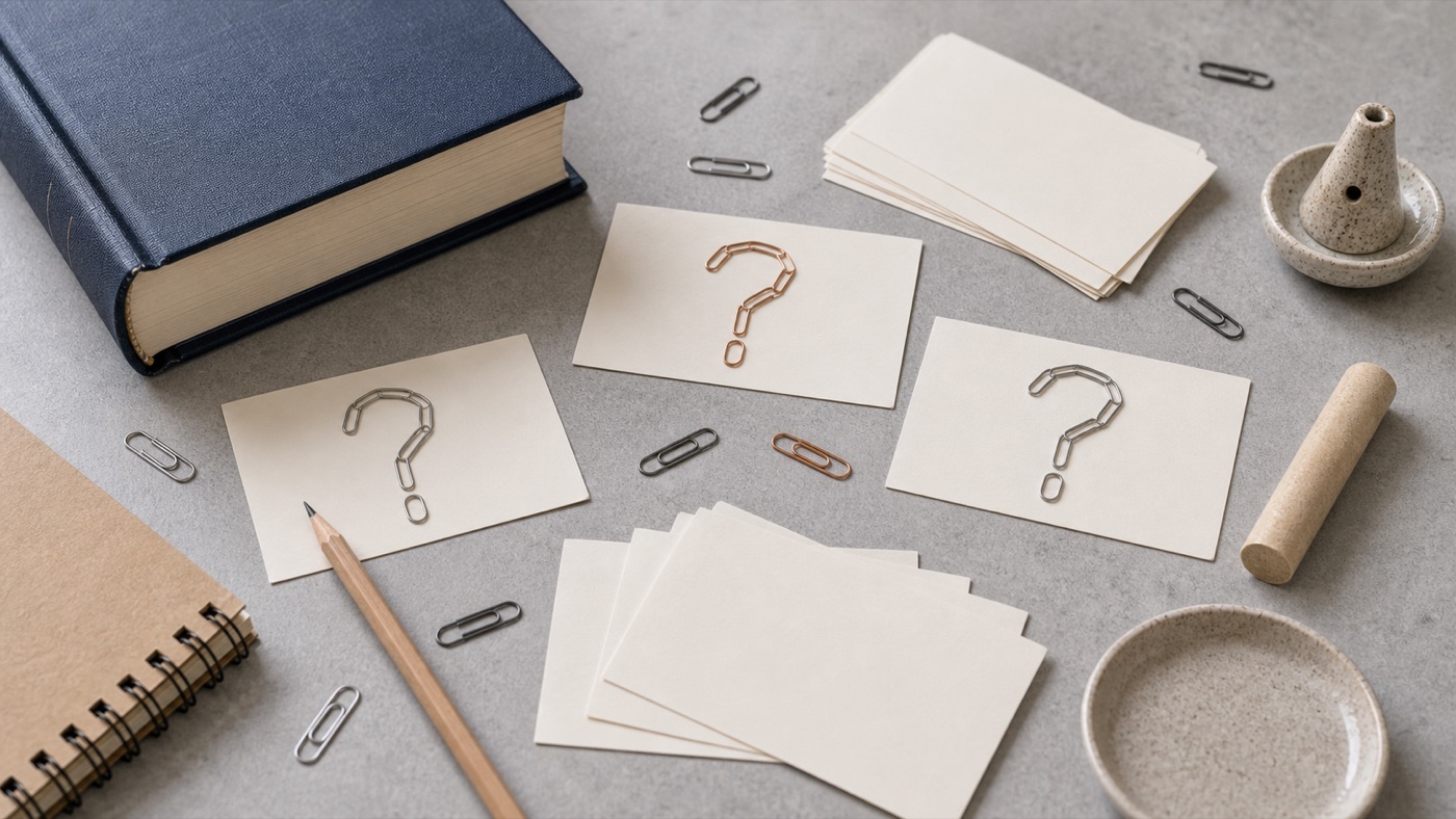 Blank index cards, paper-clip question shapes, a closed reference book, pencil, and an unlit moxa stick on a clean desk.