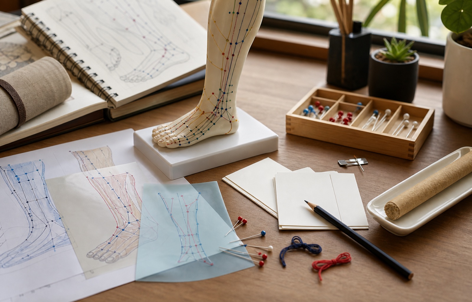An anatomical leg model, transparent point-location sheets, colored study pins, blank cards, pencil, and an unlit moxa stick on a study desk.