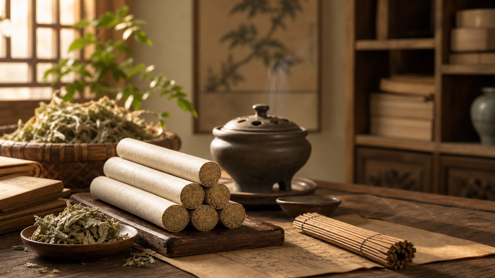 Moxa sticks, dried mugwort, bamboo slips, and a ceramic burner arranged in a warm traditional study.