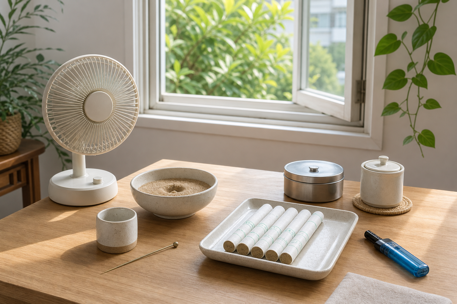 A ventilated home moxa lighting station with open window, tabletop fan, tray of unlit moxa sticks, sand bowl, snuffer cup, lidded ash tin, and lighter.