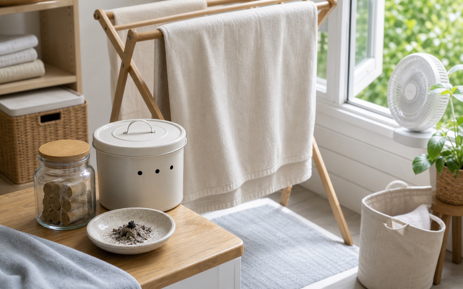 Towel drying near an open window with fan, sealed moxa storage jar, cooled ash dish, and lidded ash container in a tidy home-care area.