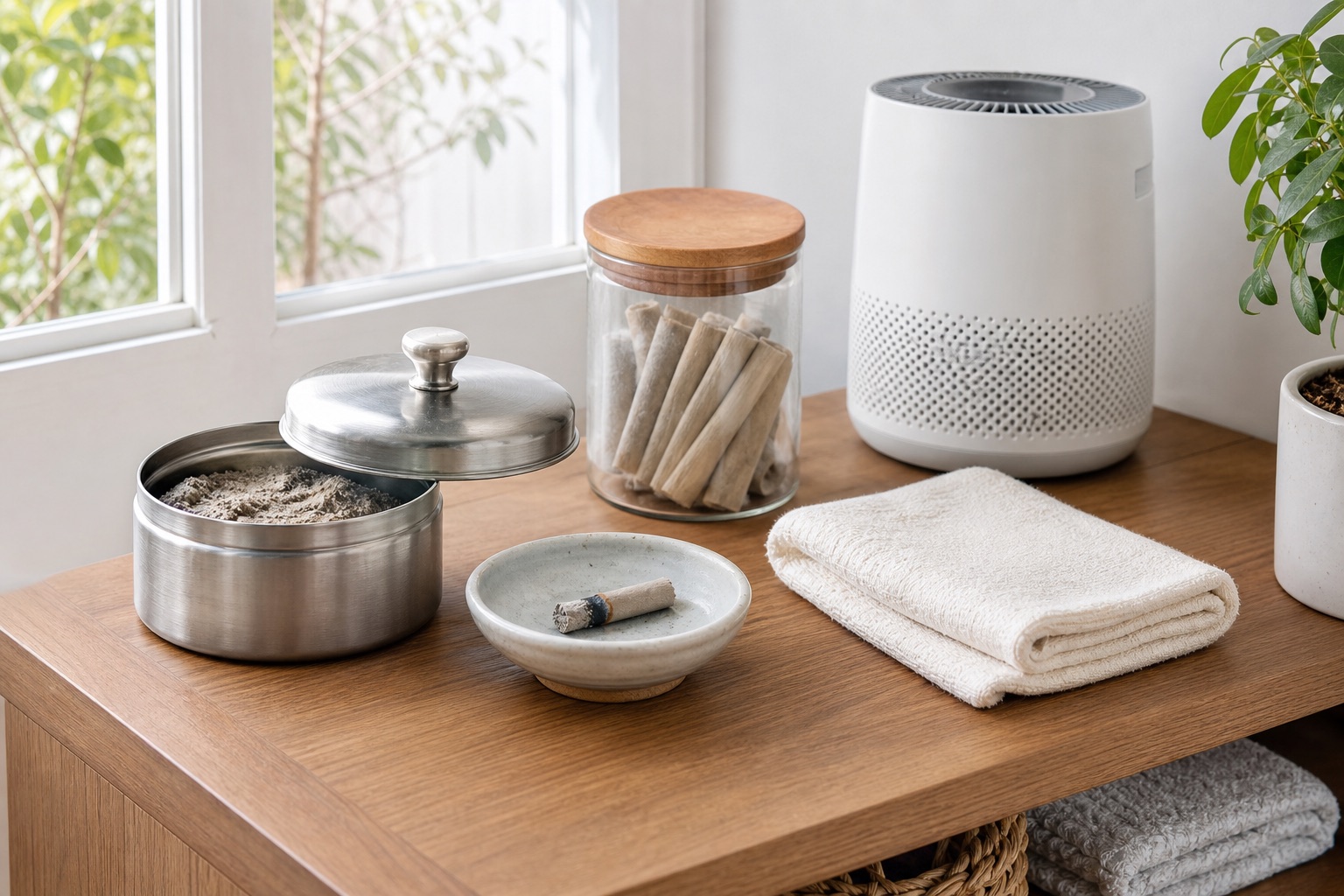 Home cleanup station with lidded ash tin, cooled ceramic dish holding an extinguished moxa stub, folded cloth, sealed jar of unused moxa, and air purifier near a window.