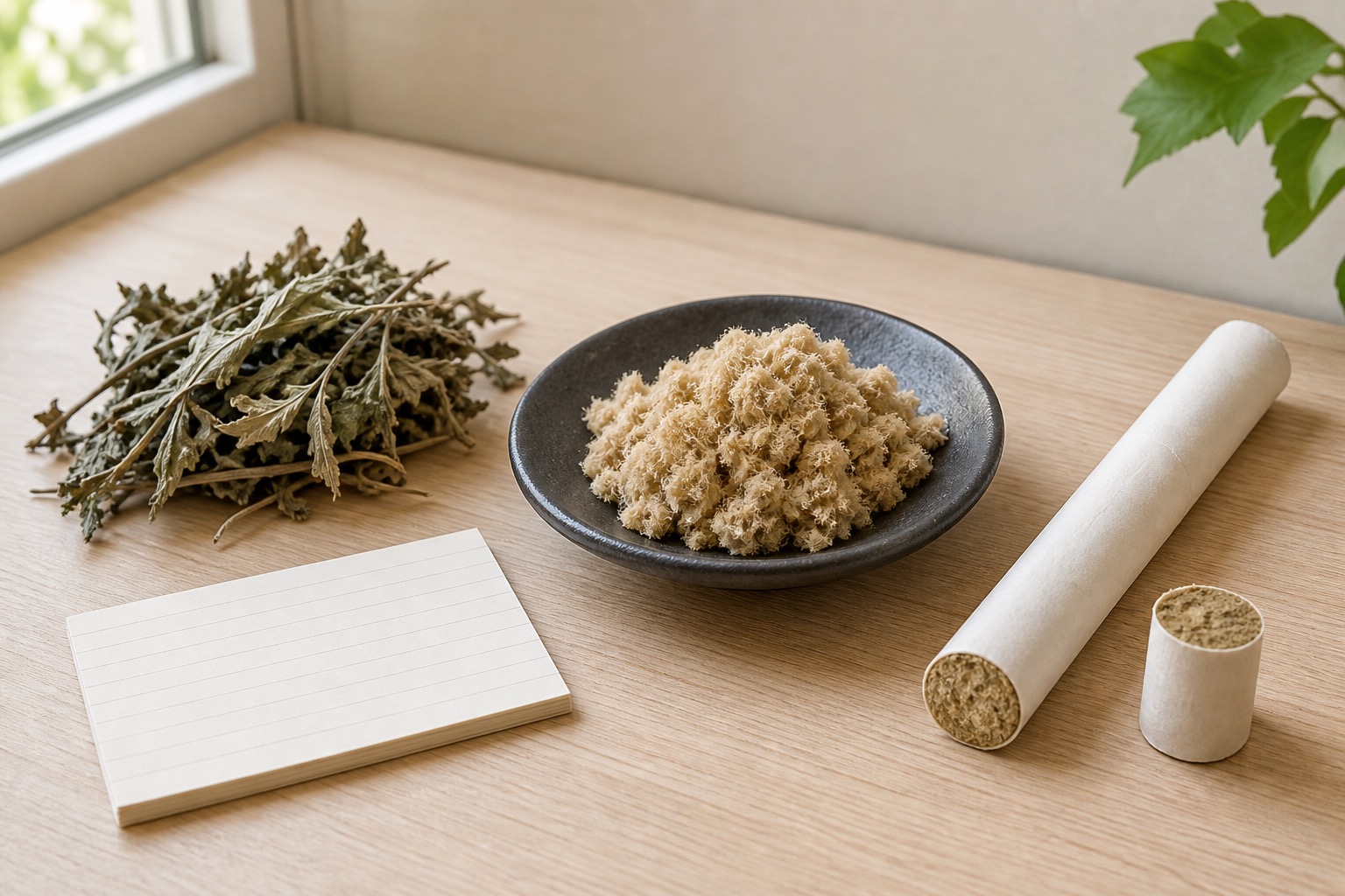 Dried mugwort leaves, a bowl of fluffy moxa wool, a finished moxa stick, and a cut section arranged on a light wooden desk near a window.