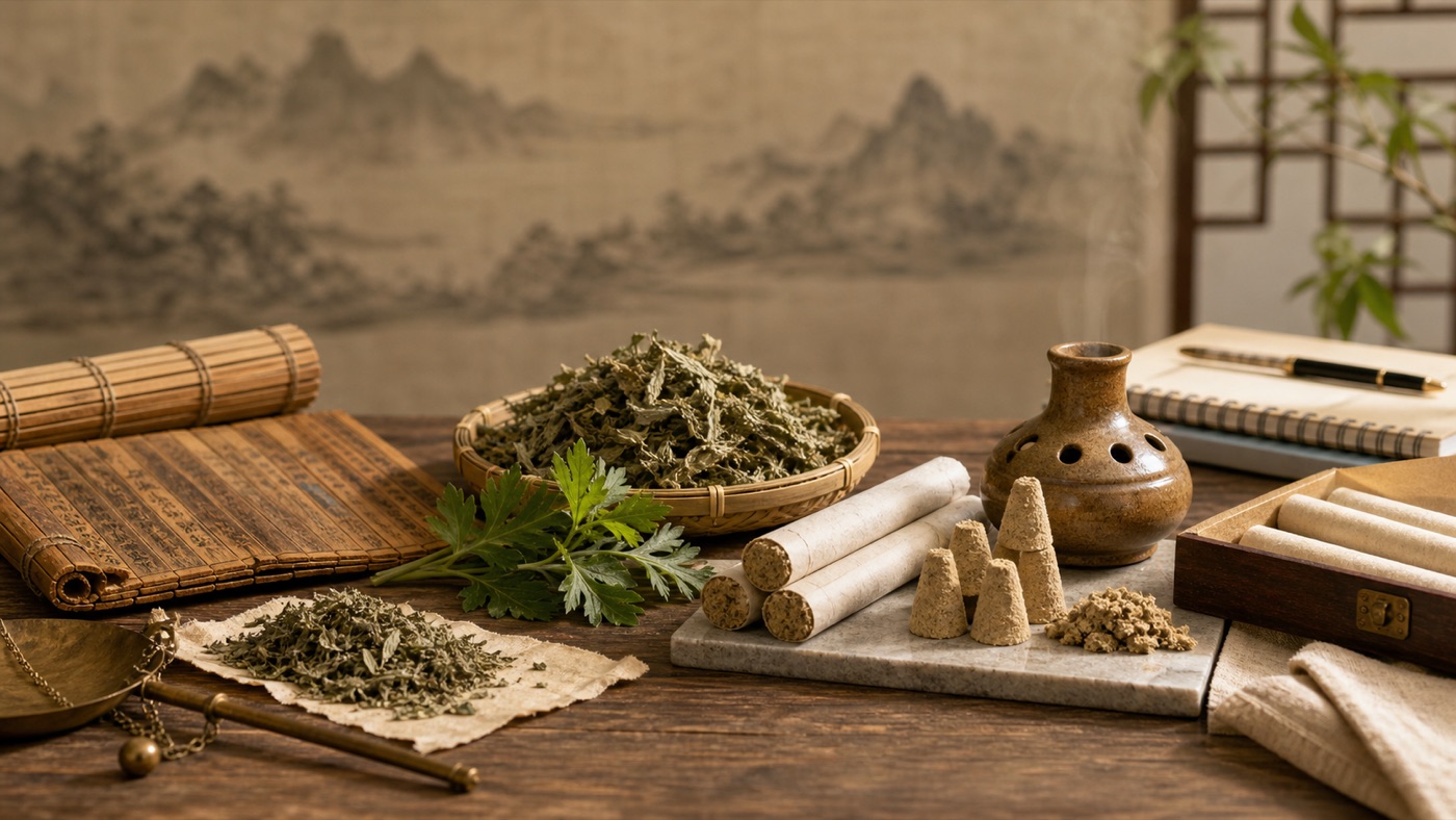 A tabletop arrangement of bamboo slips, dried mugwort, moxa cones, moxa sticks, and a modern notebook.