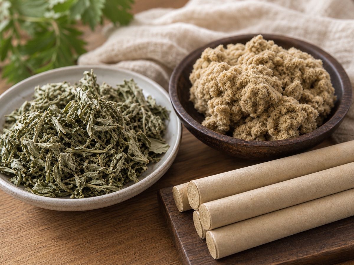 Dried mugwort leaves, processed moxa wool, and plain moxa sticks on a wooden table.