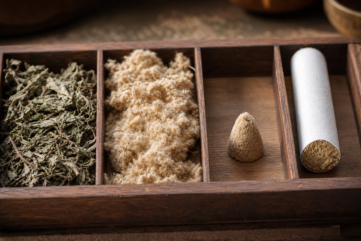 A wooden divided tray showing dried mugwort leaves, fluffy moxa wool, a small moxa cone, and the cut end of a finished moxa stick.