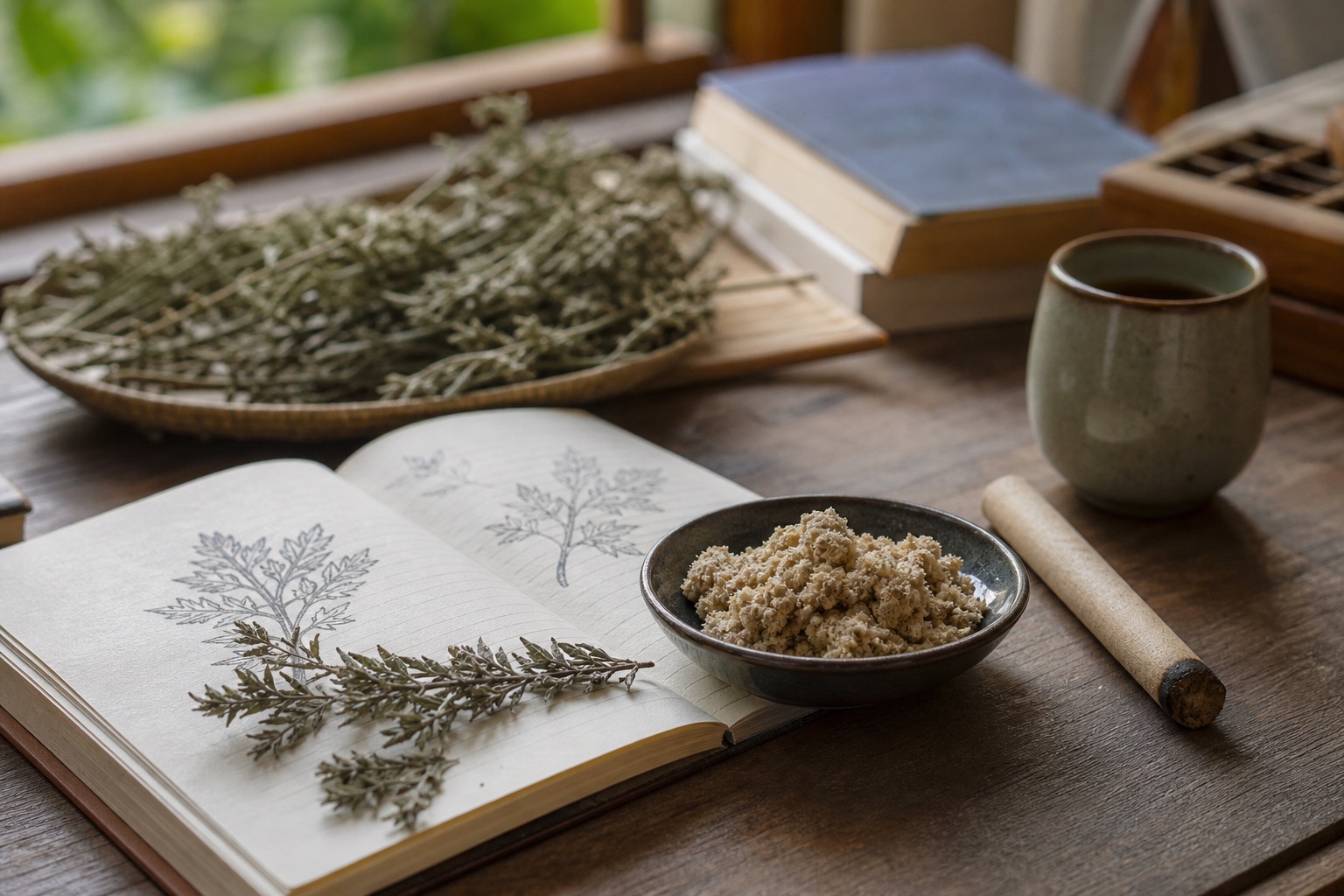 An open notebook with mugwort leaf sketches beside dried mugwort, a dish of moxa wool, a moxa stick, and a ceramic cup on a wooden desk.